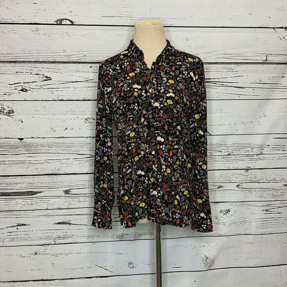 Zara Basics Black Floral Long Sleeves Button Down Blouse Size XS - Picture 4 of 11